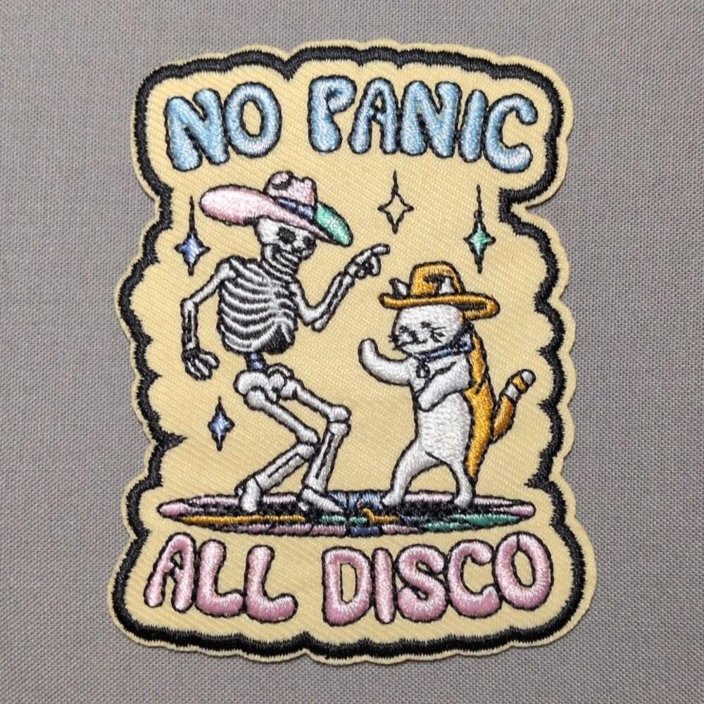 No Panic All Disco Funny Skeleton and Cat Iron On Patch | Embroidered Patch